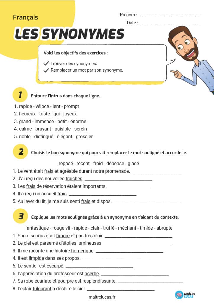 Exercices les synonymes pour ce1 ce2 ma tre lucas