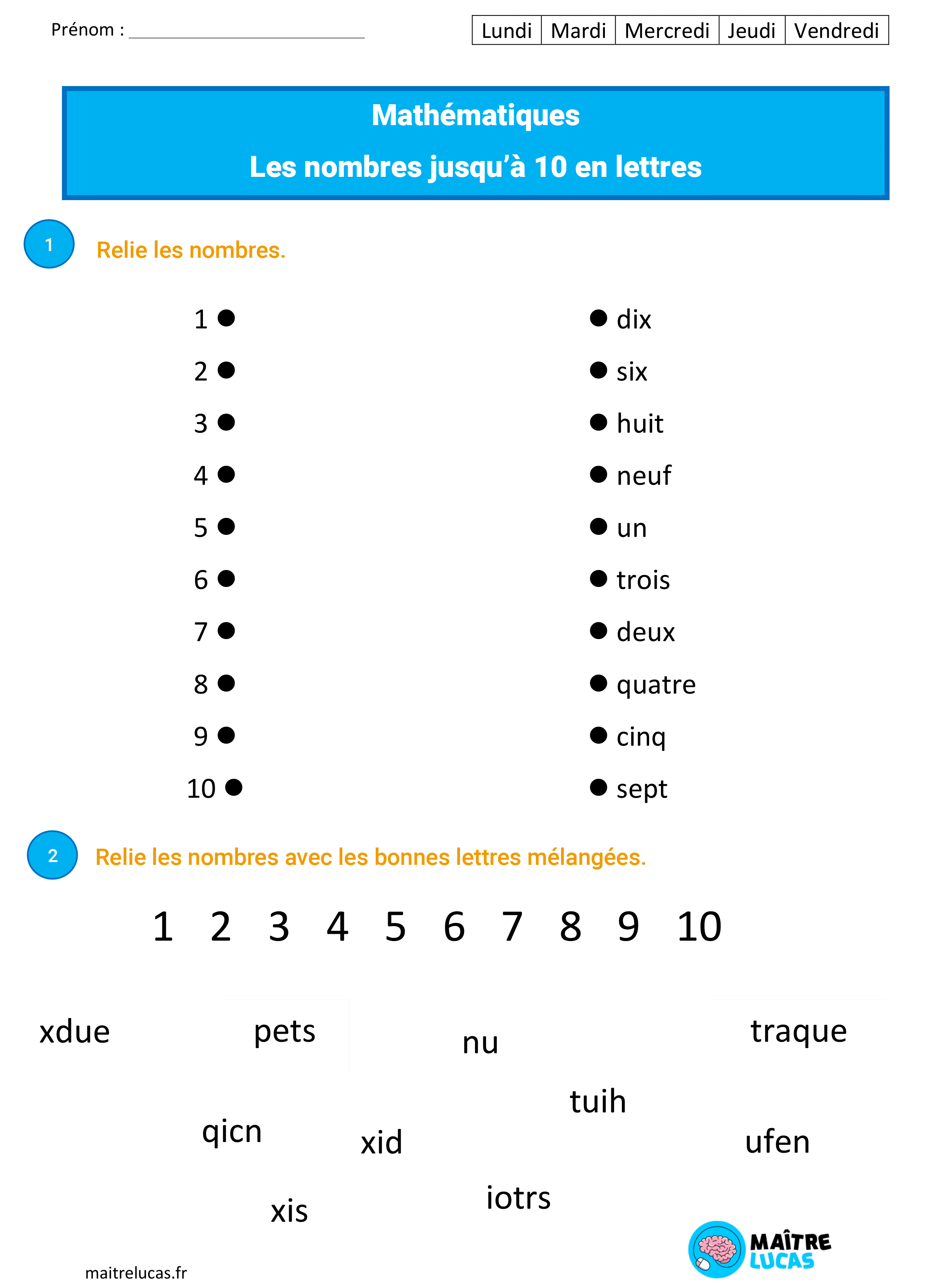 Fiches les nombres en lettres cp avec exercices