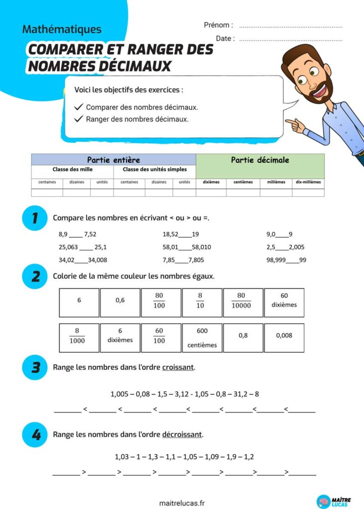 Fiche Comparer des nombres décimaux exercices cm1 cm2