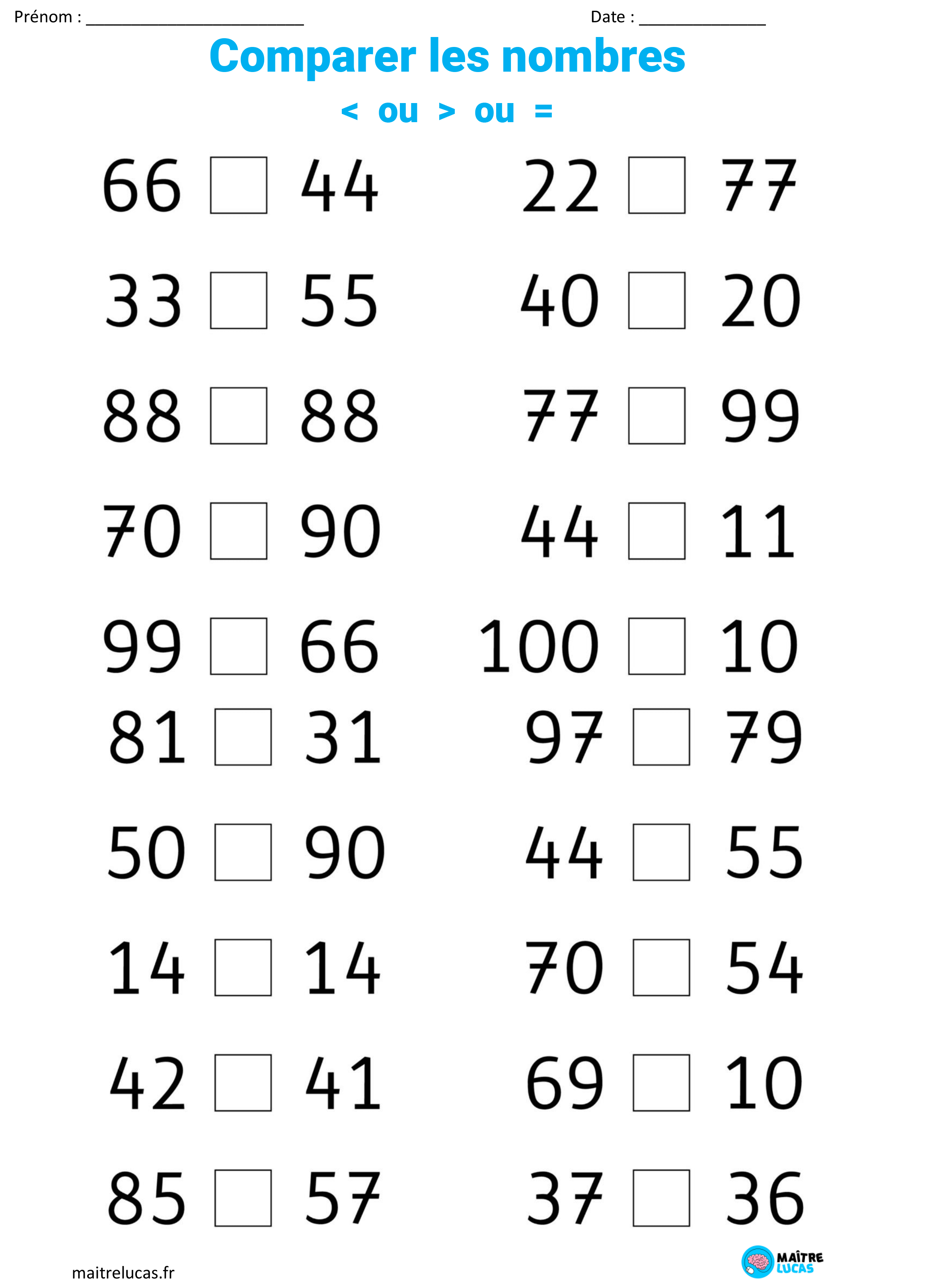 Fiches d'exercices comparer les nombres jusqu'à 100
